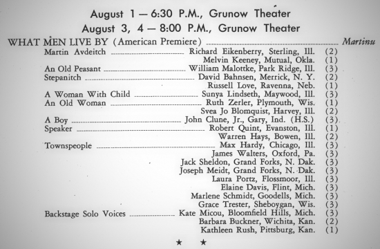 Interlochen, Grunow Theatre: Programme of the premiere, 1954